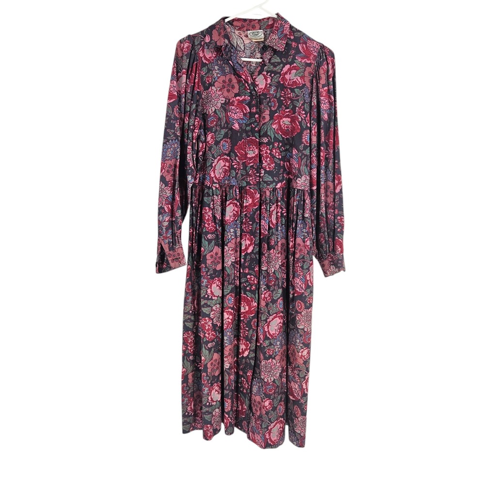 Vintage Laura Ashley Dress Maroon Floral Button Down Long Sleeve Cottage 6
